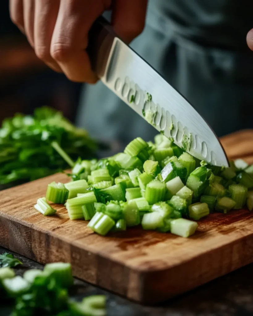 Hand chopping fresh celery on a wooden board for detox juice