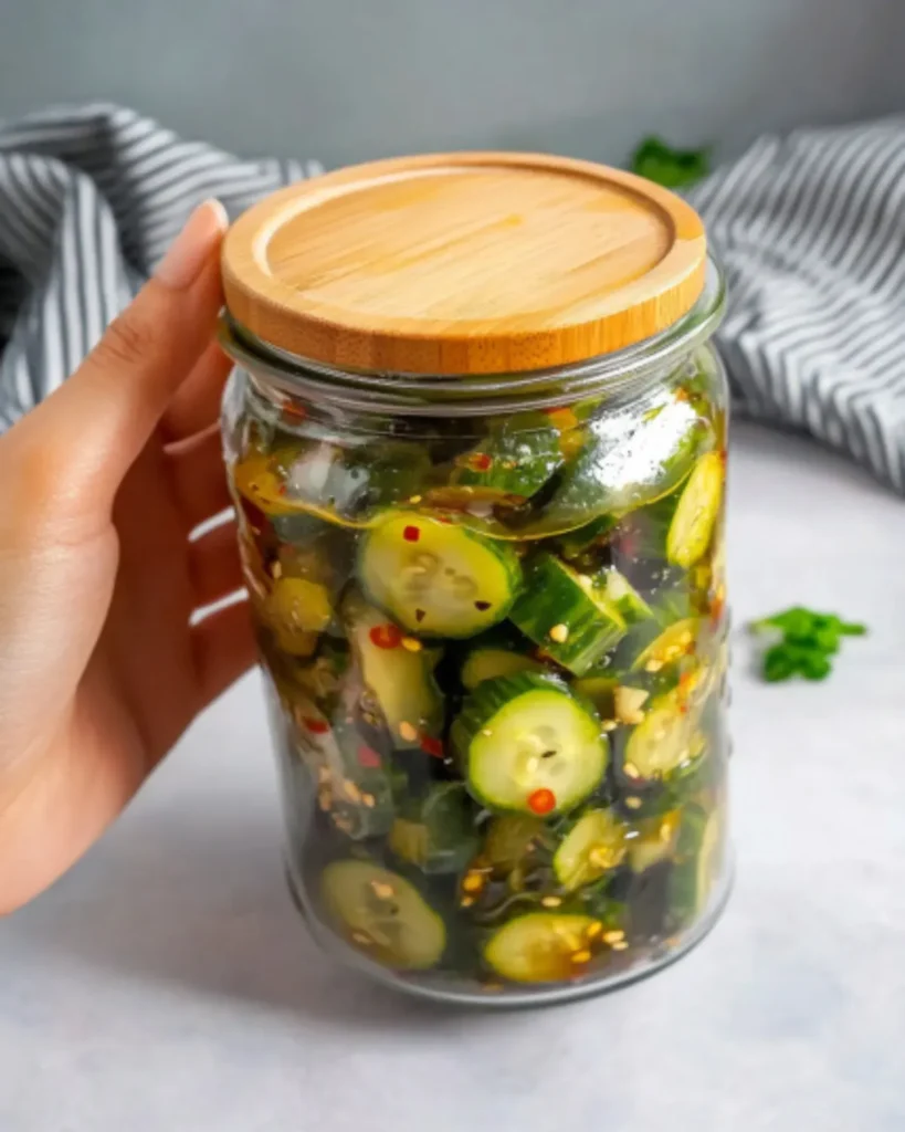 Hand holding a sealed jar of viral cucumber salad