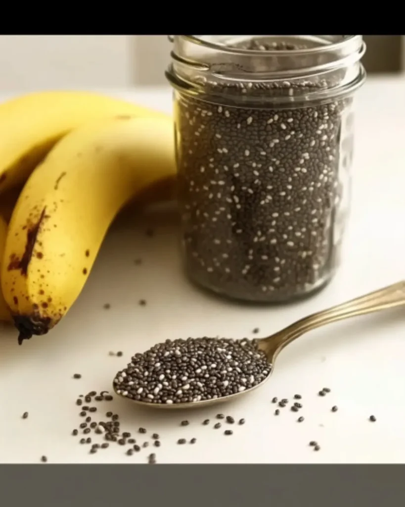 Chia seeds in a spoon with a glass jar and ripe bananas in the background