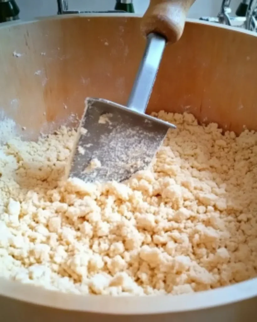 Pastry cutter blending shortening into flour for homemade pie crust
