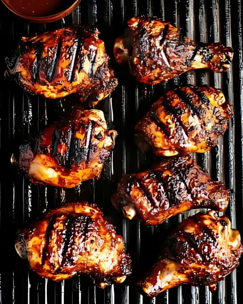 Grilled BBQ chicken thighs with char marks and barbecue sauce for Fourth of July menu