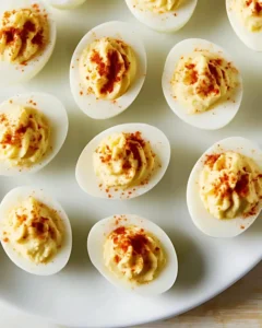 Close-up of deviled eggs with creamy filling sprinkled with paprika on white serving plate
