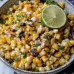 Mexican-style street corn in a speckled bowl with lime and cilantro