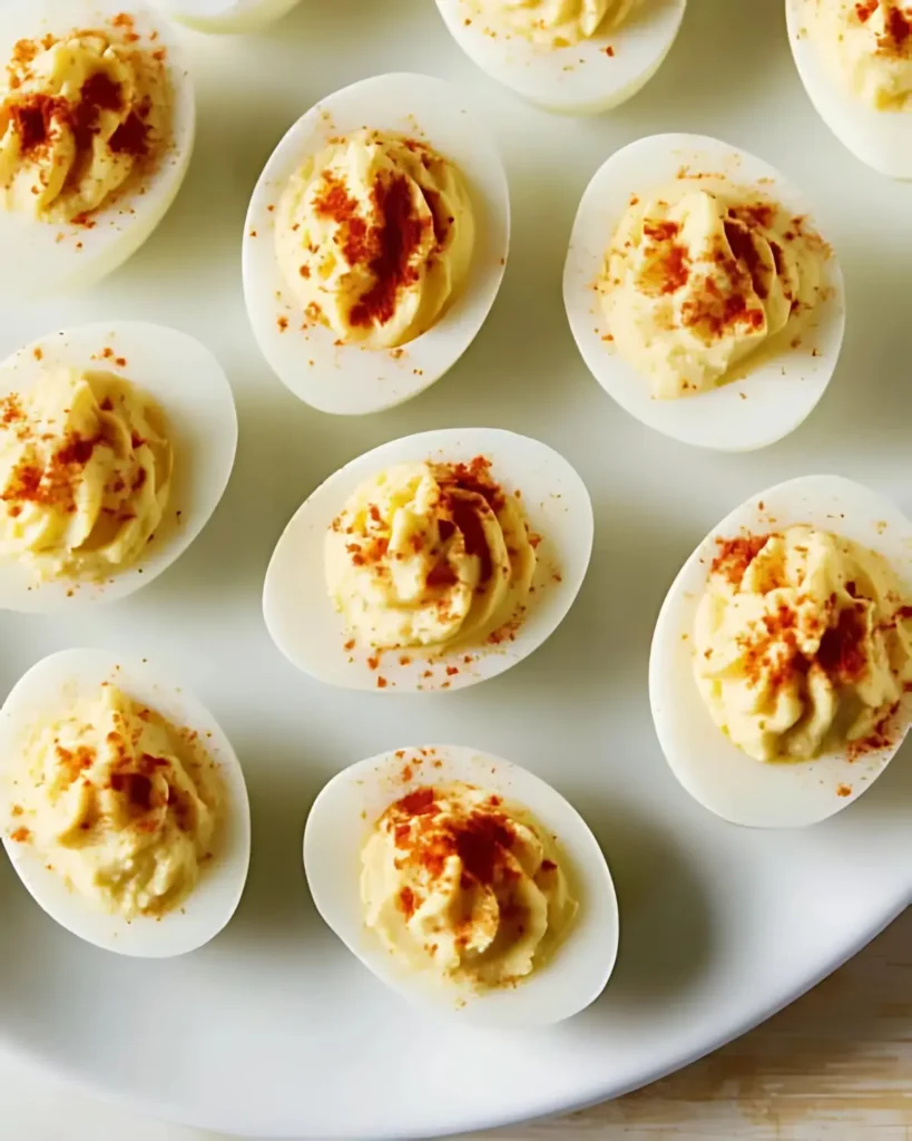 Close-up of deviled eggs with creamy filling sprinkled with paprika on white serving plate