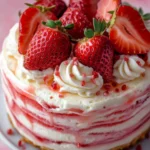 Close-up of a decadent strawberry shortcake cake topped with fresh strawberries, whipped cream swirls, and strawberry drizzle.