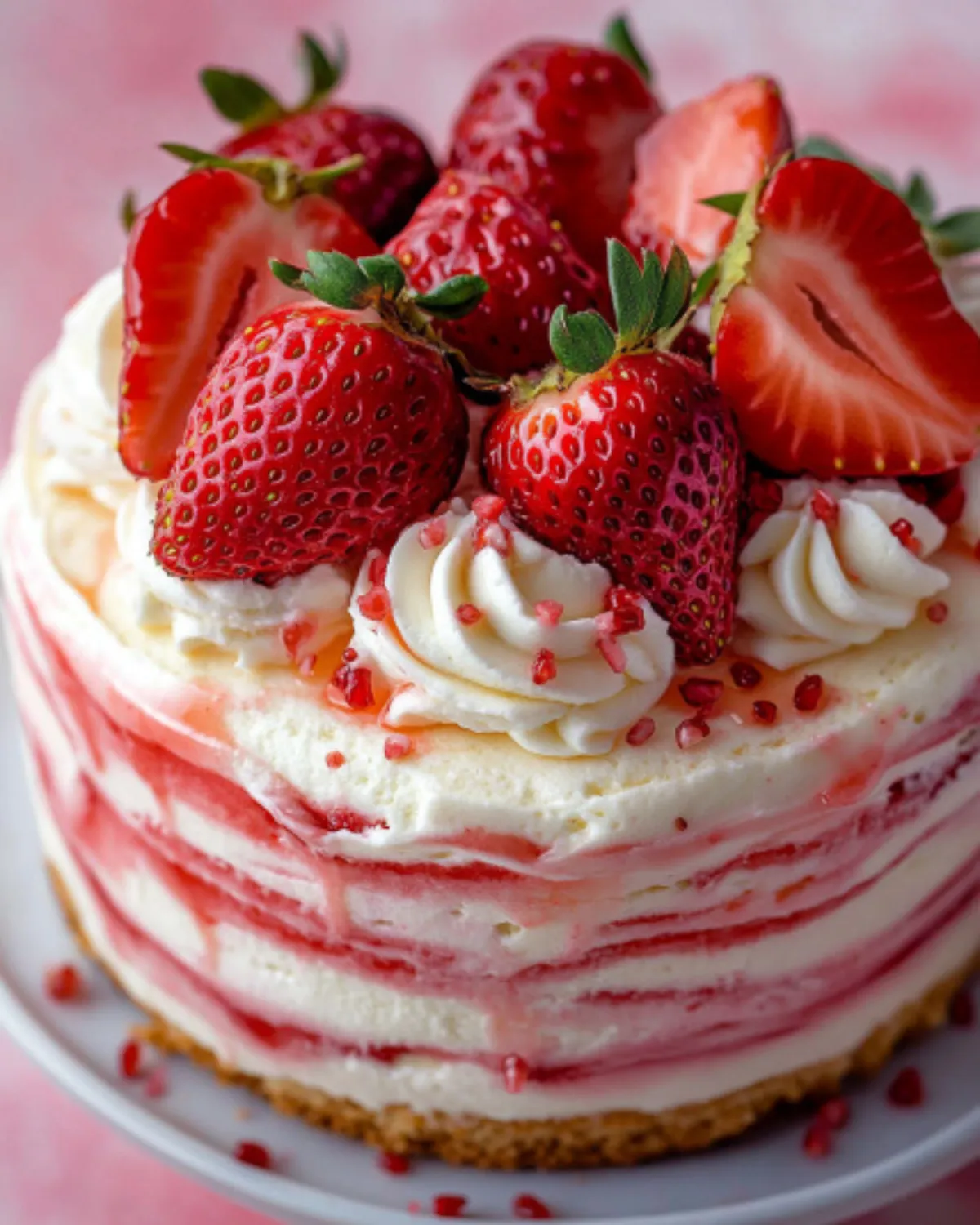 Close-up of a decadent strawberry shortcake cake topped with fresh strawberries, whipped cream swirls, and strawberry drizzle.