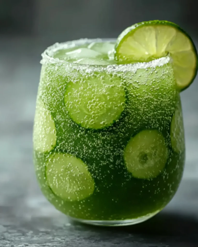 Sparkling cucumber celery lime detox drink with lime rim and cucumber slices