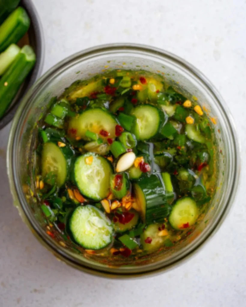 Top view of cucumber salad with sesame seeds and chili flakes