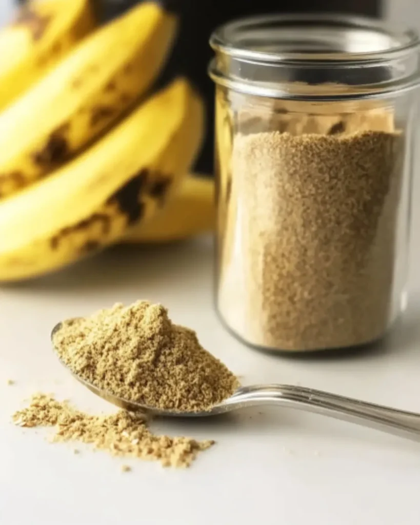 Ground flaxseed in a spoon next to a glass jar with ripe bananas in the background