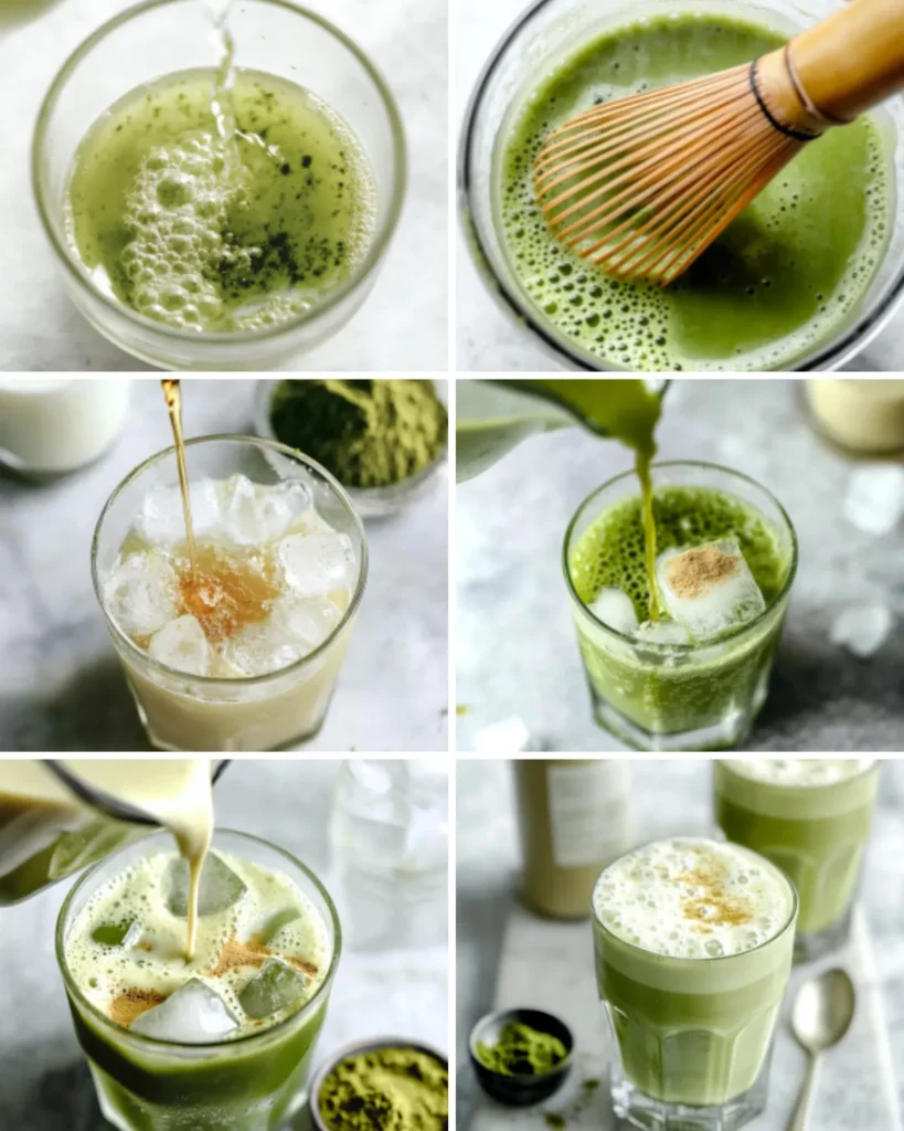 Step-by-step process of making an iced matcha latte using matcha powder, almond milk, and zero calorie syrup poured over ice in a clear glass
