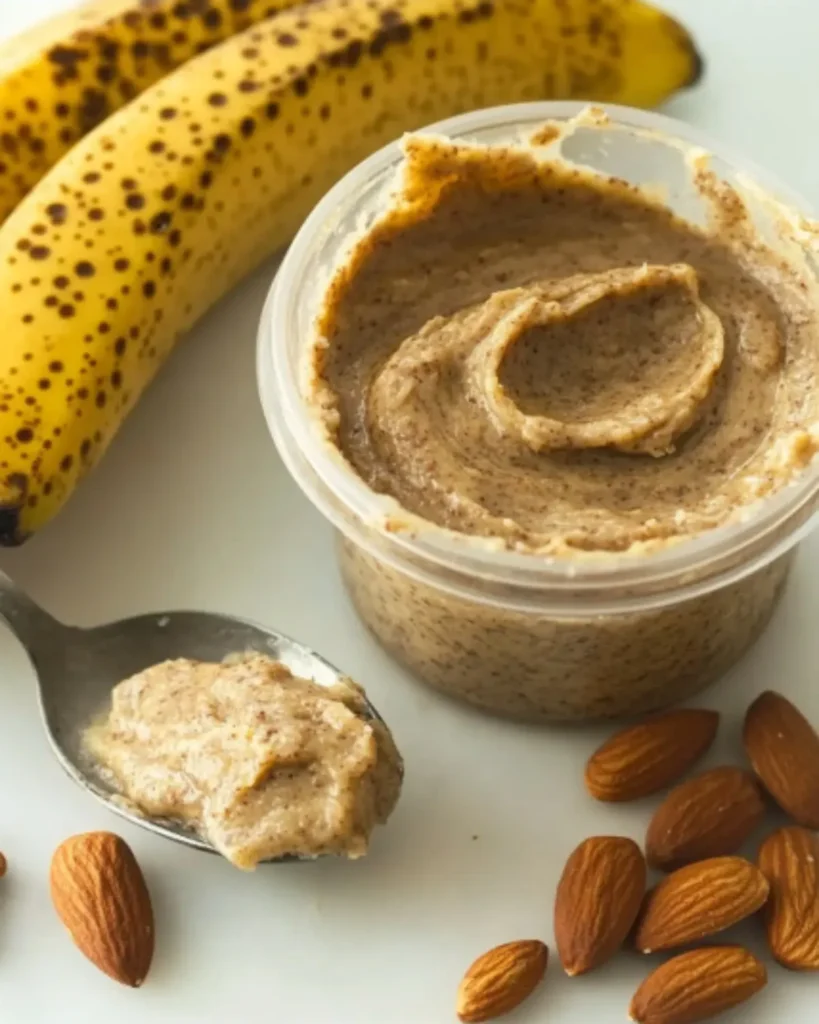 Spoonful of almond butter with raw almonds and ripe banana for healthy smoothie