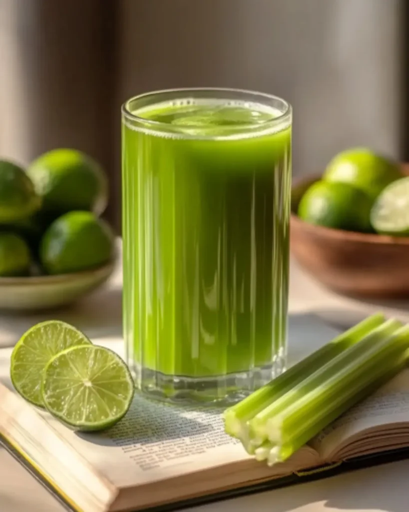Cucumber celery lime juice in a glass with limes and celery on an open book