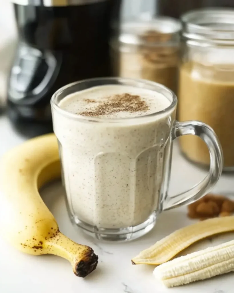 Glass of creamy banana almond butter smoothie with ingredients in the background