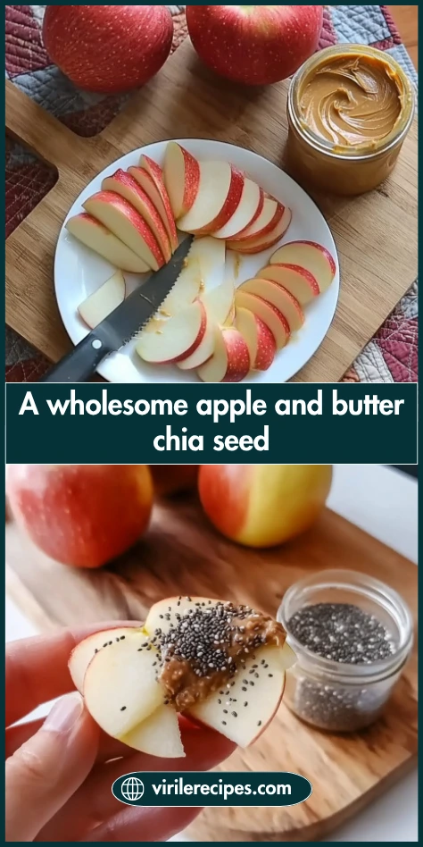 Collage of sliced apples with almond butter and chia seeds on a plate and a close-up of a dipped apple slice held by hand with chia seeds