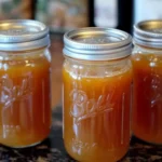 Homemade chicken bone broth stored in labeled mason jars on a kitchen counter