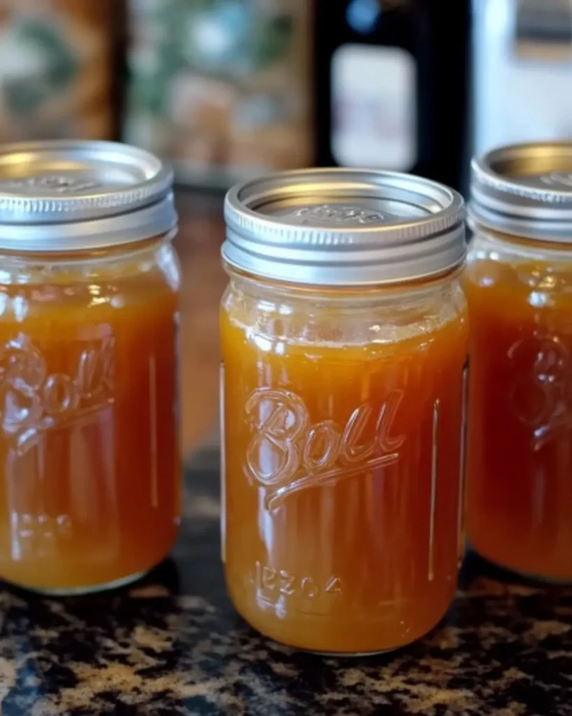 Homemade chicken bone broth stored in labeled mason jars on a kitchen counter