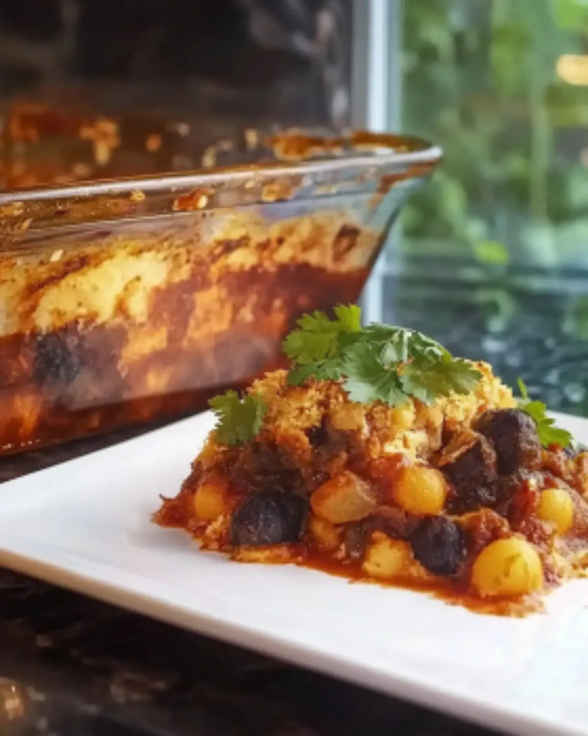 Vegetarian Mexican fajita cornbread casserole topped with fresh cilantro on a white plate with corn, black beans, and melted cheese.