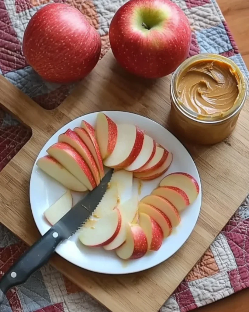 Hand holding an apple slice topped with almond butter and chia seeds on a cutting board with fresh apples and chia jar in the background