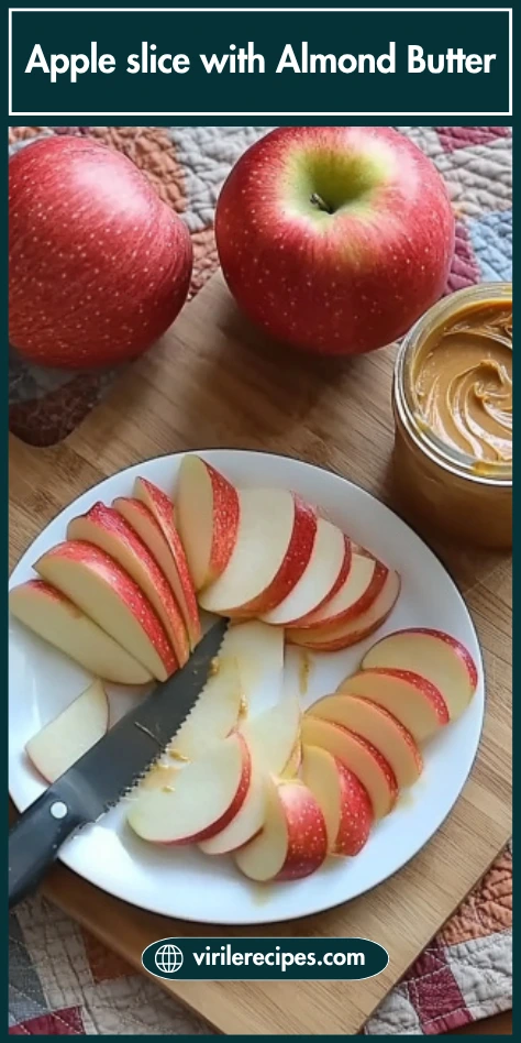 Sliced red apples on a white plate with a serrated knife and a jar of creamy almond butter on a rustic quilted surface