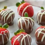 Fresh strawberries dipped in chocolate and drizzled with white chocolate on a white tray