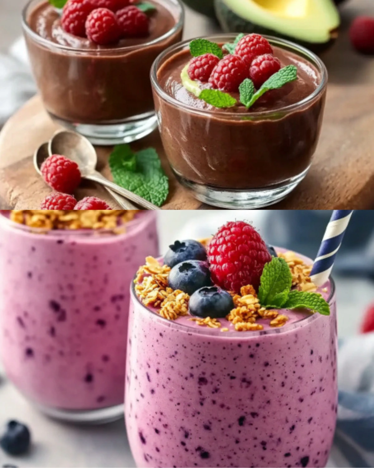 Two healthy dessert options including avocado chocolate mousse with raspberries and berry smoothies topped with granola, fresh berries, and mint leaves
