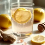Glass of lemon and pink salt detox water with ginger, honey, and fresh lemons on a white kitchen counter