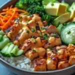 Bang Bang Chicken Bowl with spicy mayo, grilled chicken, avocado, broccoli, rice, and carrots in a ceramic bowl