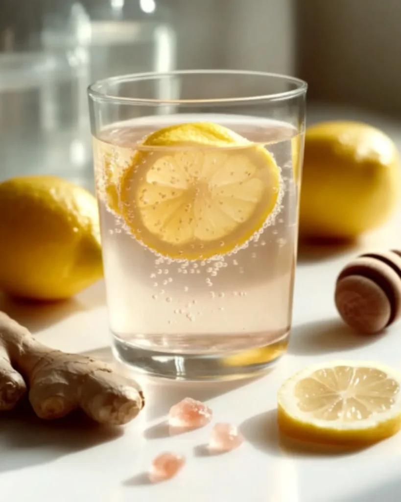 Glass of lemon and pink salt detox water with ginger, honey, and fresh lemons on a white kitchen counter