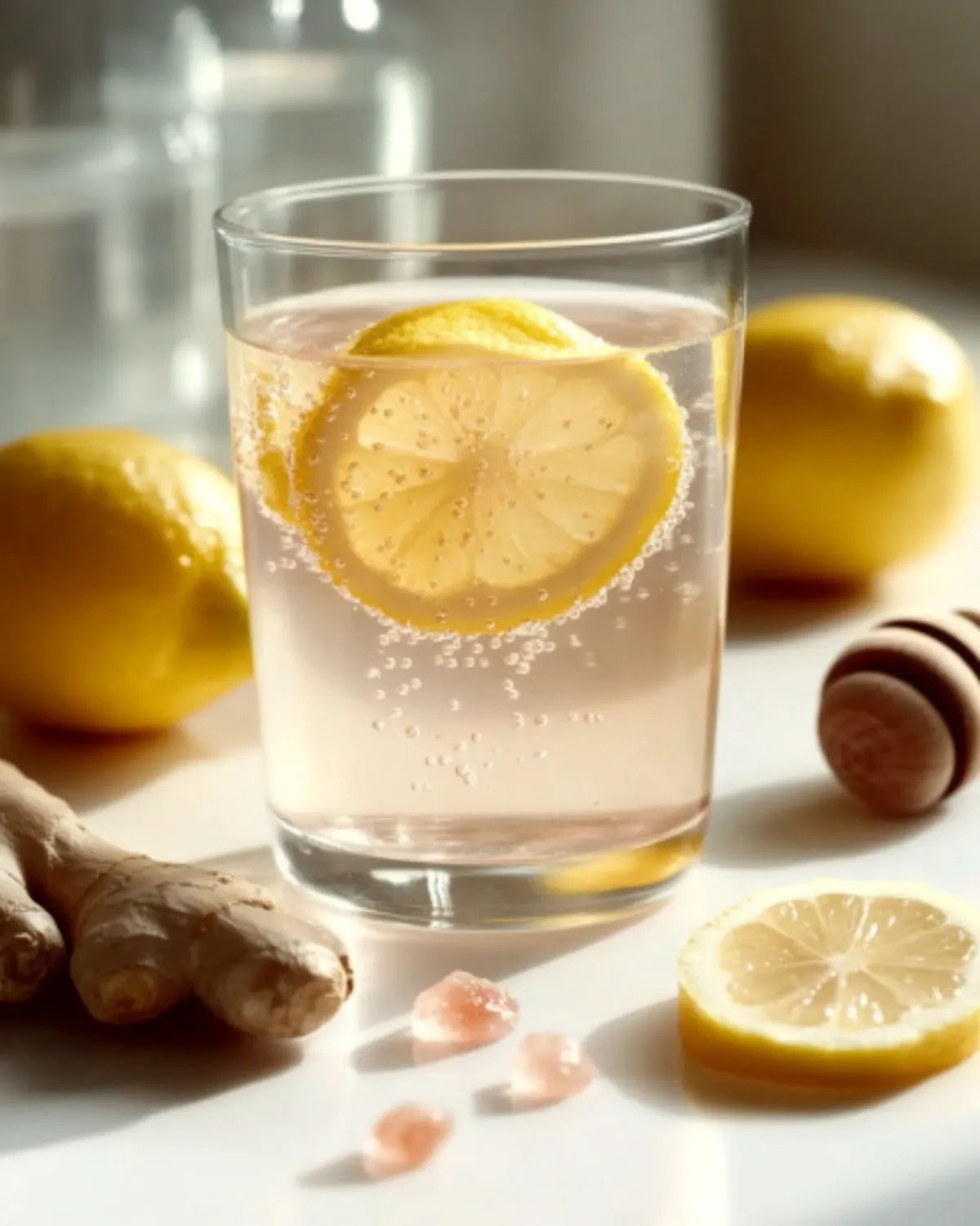 Glass of lemon and pink salt detox water with ginger, honey, and fresh lemons on a white kitchen counter