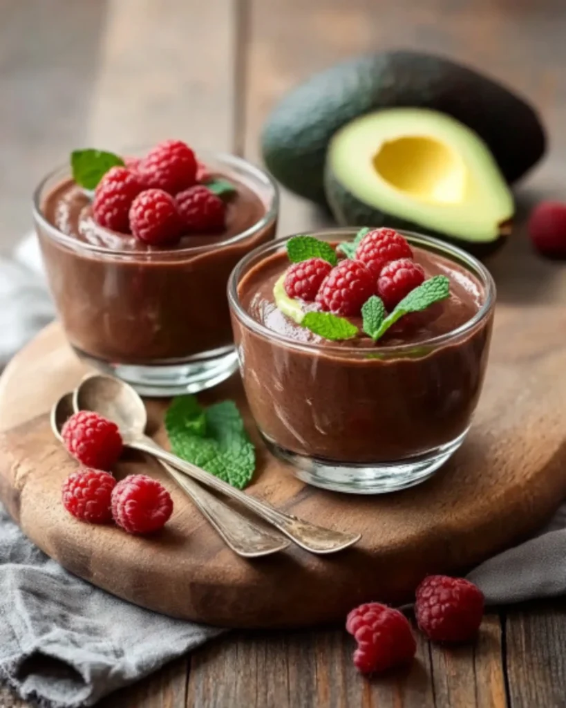 This rich avocado chocolate mousse is a perfect low-sugar dessert option for gestational diabetes. Topped with fresh raspberries and mint, it's both satisfying and dietitian-approved.