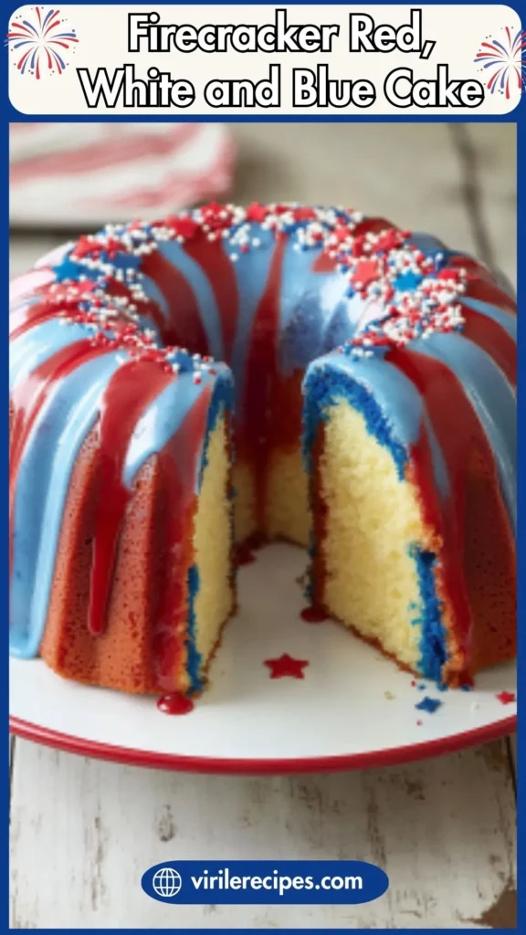 Red, white, and blue bundt cake topped with blue fondant stars and sprinkles, showing a bright blue cake center.