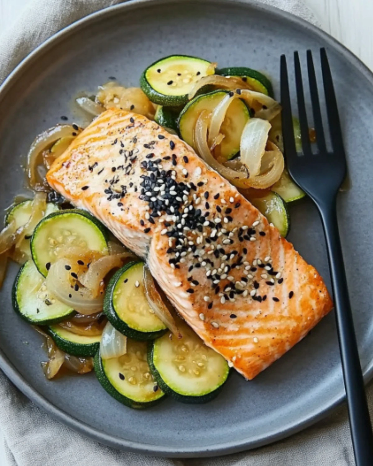 Top-down view of baked sesame-ginger salmon fillet topped with black and white sesame seeds, served over sautéed zucchini and onions on a gray plate