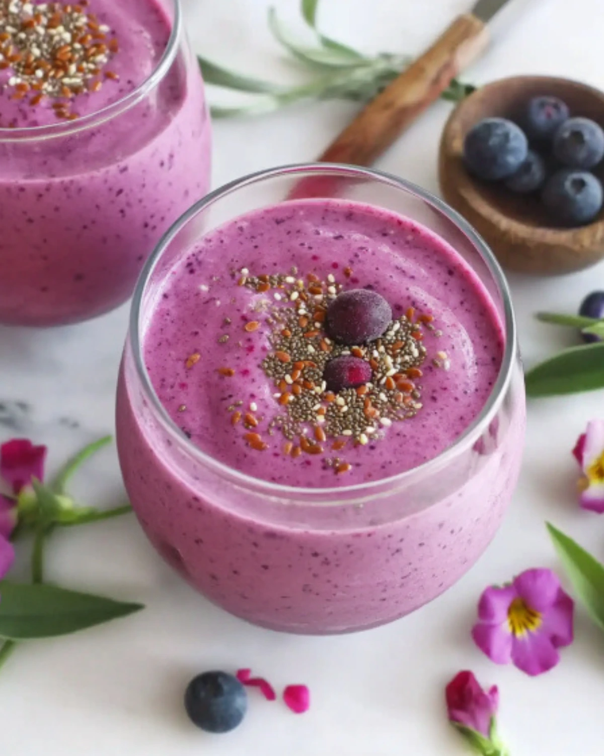 Vibrant berry smoothie topped with chia and flax seeds in a round glass, surrounded by blueberries and flowers