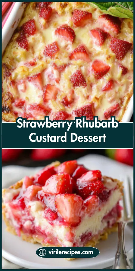 Overhead view of a slice of strawberry rhubarb custard dessert on a white plate with fork and fresh strawberries on the side