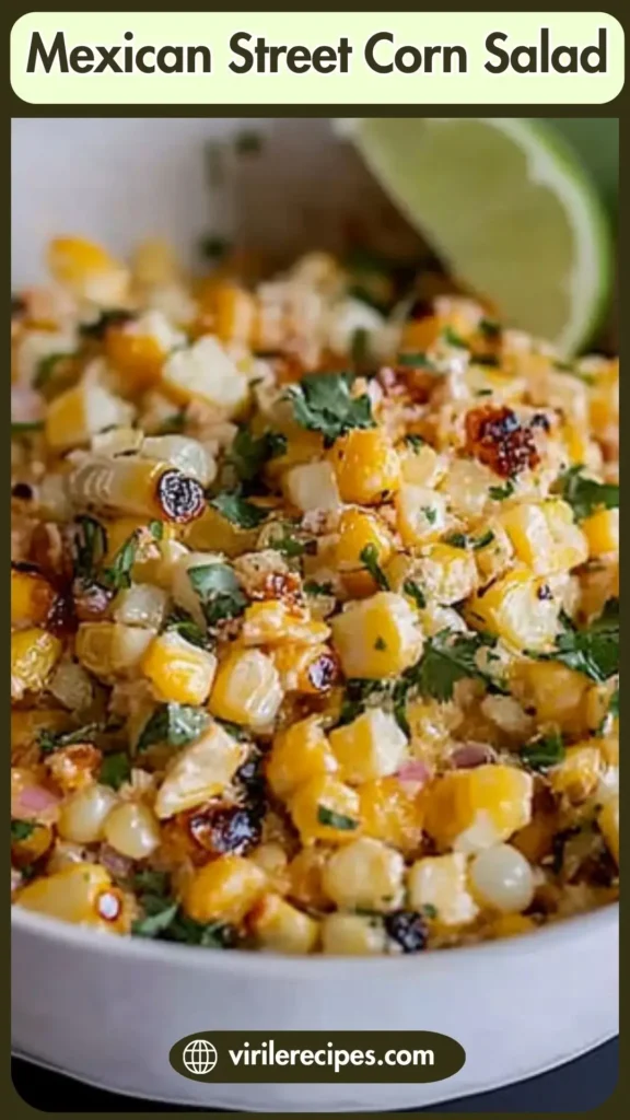 Bowl of Mexican Street Corn Salad with cotija cheese, grilled corn, and lime