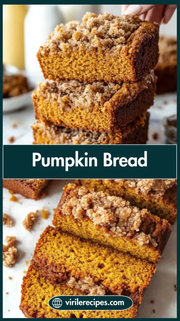 Split image showing stacked slices of Pumpkin Bread With Streusel and close-up of sliced loaf with crumb topping on a white surface.