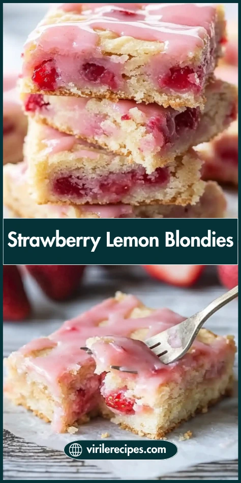 Strawberry lemon blondies with pink glaze, shown stacked and cut with a fork, styled for Pinterest.
