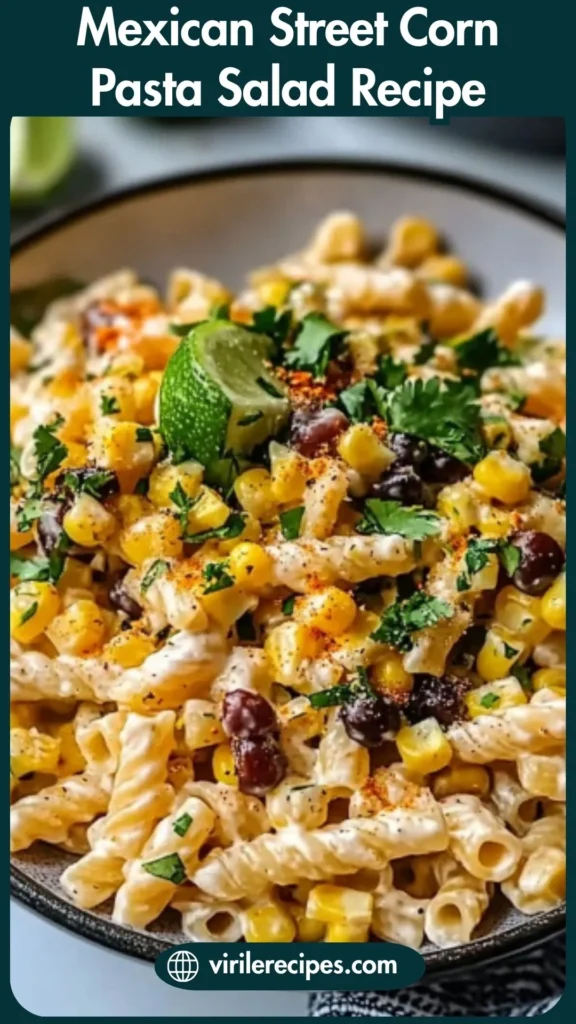 Close-up of Mexican street corn pasta salad with creamy dressing, corn, beans, and cilantro