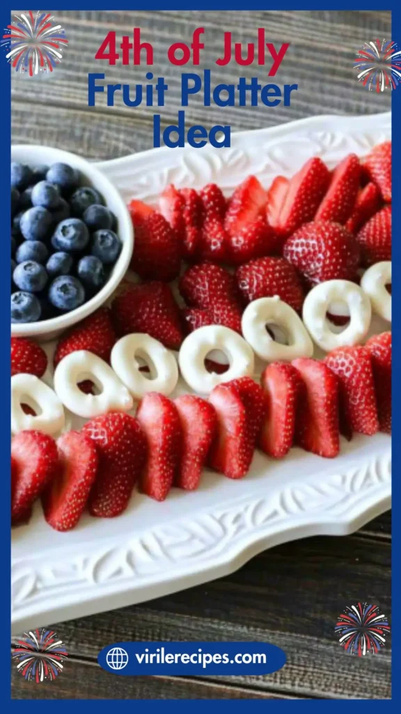 Close-up of a 4th of July fruit platter with strawberries, banana slices, and blueberries, forming an American flag design.