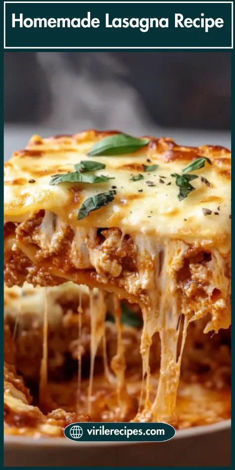 Close-up of a cheesy homemade lasagna slice lifted from a baking dish, showing stringy mozzarella and fresh basil with text overlay “Homemade Lasagna Recipe.”