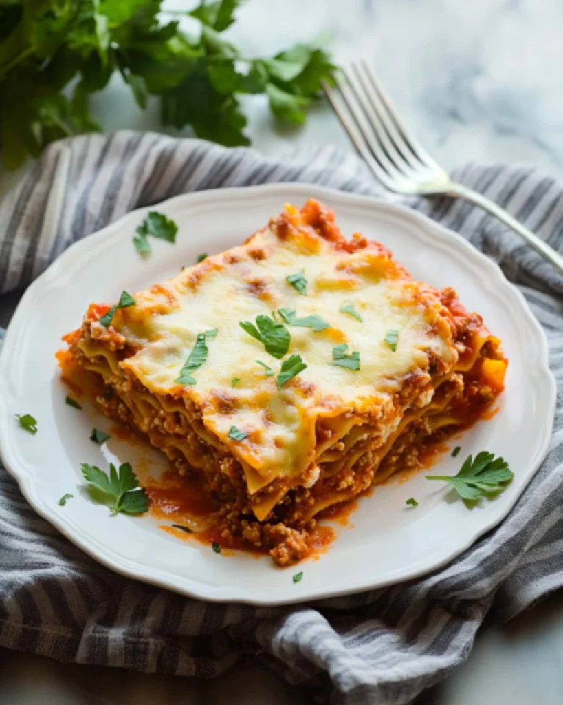 Cheesy layered lasagna slice with visible meat and noodles on a white plate