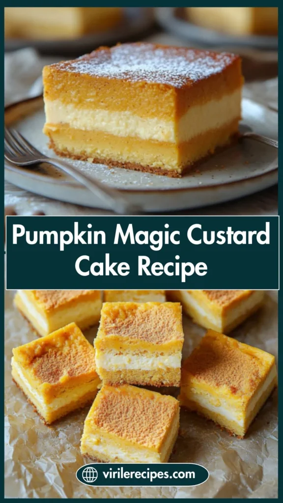 Collage showing Pumpkin Magic Custard Cake recipe slices with visible custard and sponge cake layers.