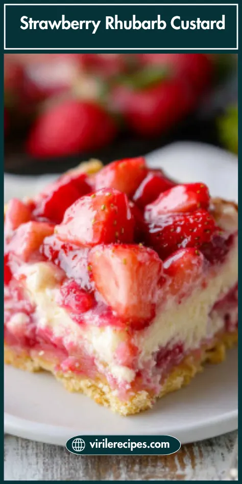 Side view of a slice of strawberry rhubarb custard dessert with golden crust and creamy fruit filling on a white plate