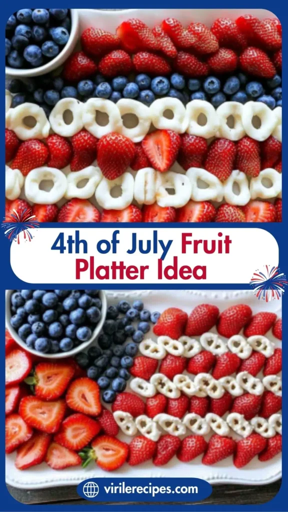 4th of July fruit platter featuring strawberries, blueberries, and white chocolate-covered pretzels arranged in a flag pattern.