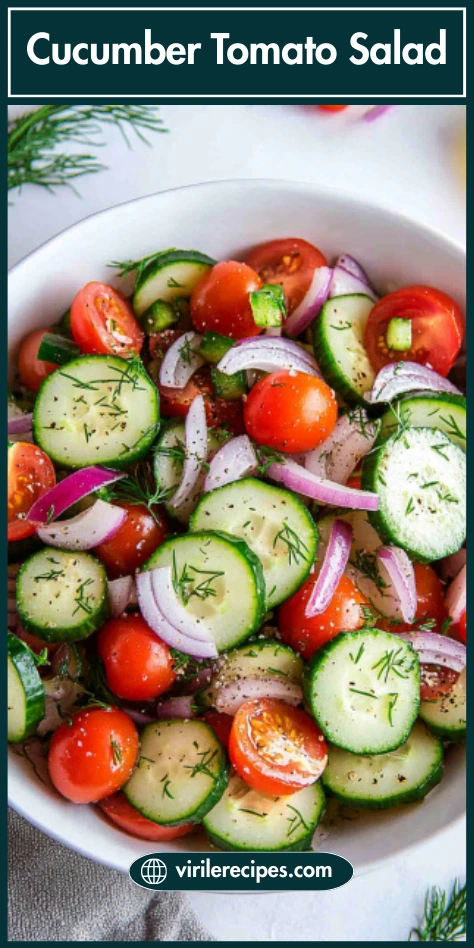 Cucumber tomato salad in a white bowl with red onions, dill, and a virilerecipes.com label
