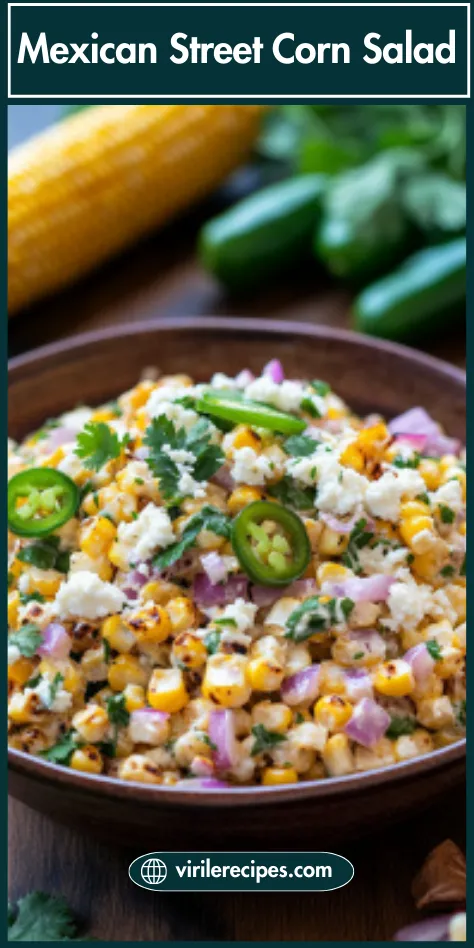 Close-up of creamy Mexican Street Corn Salad with charred corn kernels, red onion, jalapeno slices, cilantro, and crumbled cheese.