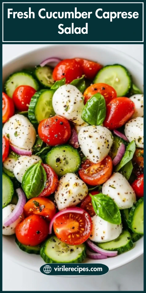 Bowl of fresh cucumber Caprese salad with cherry tomatoes, mozzarella balls, red onions, and basil leaves.