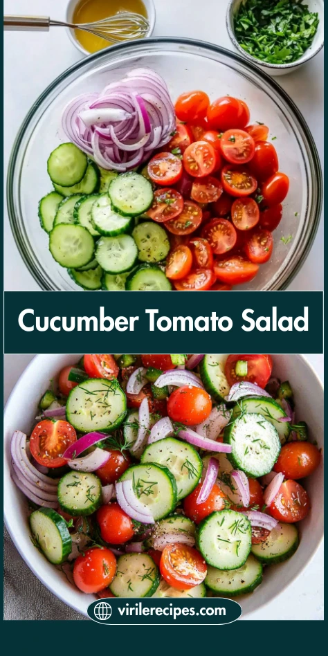 Step-by-step cucumber tomato salad with fresh ingredients and finished bowl, labeled for virilerecipes.com