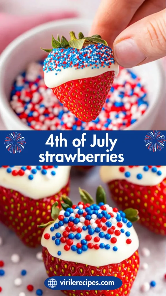 A group of chocolate-covered strawberries topped with red, white, and blue sprinkles on a white plate with a blue checkered cloth.