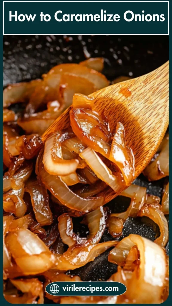Sliced onions caramelizing in a skillet with wooden spoon, showcasing their glossy, rich brown texture.